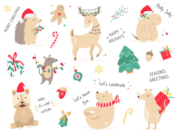 圣诞假期与手绘动物图片下载
