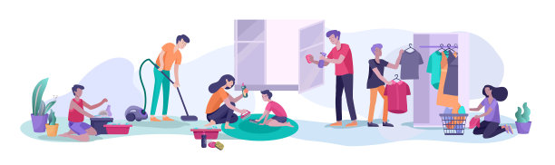 孩子们做家务的大家庭场景图片下载