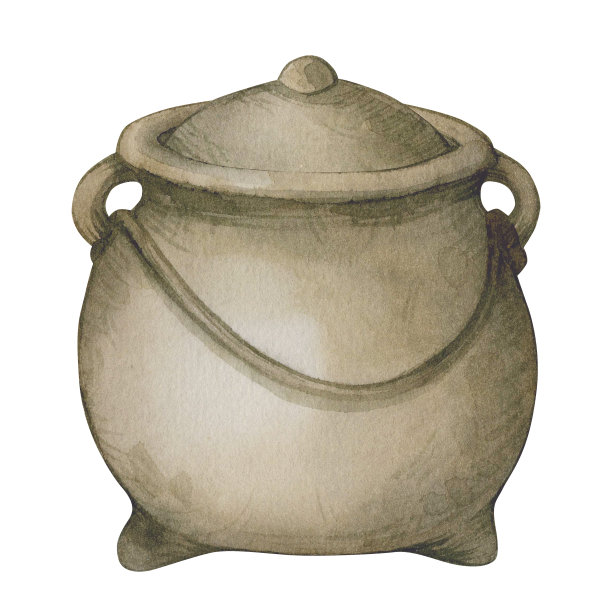 水彩插图的老式铸铁巫婆的锅。孤立在白色背景。图片下载