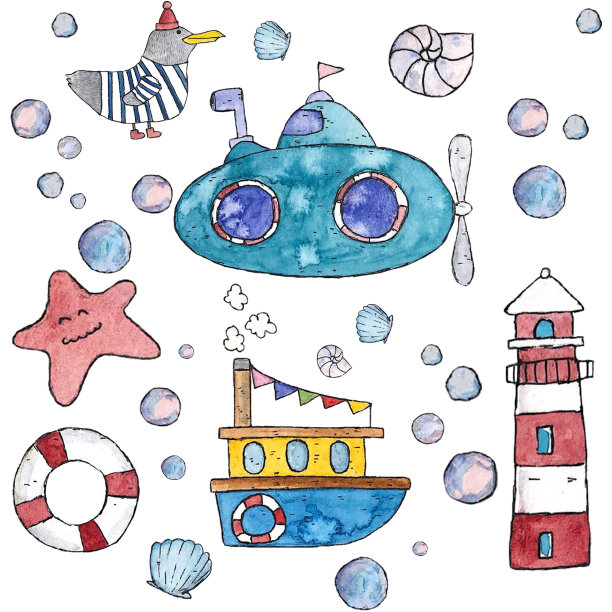 海元素水彩插图背景设计，贴纸，海报，横幅，家居装饰。图片下载