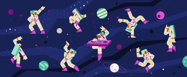 宇航员在迪斯科或电子派对上跳舞和播放DJ混音控制台的音乐图片下载