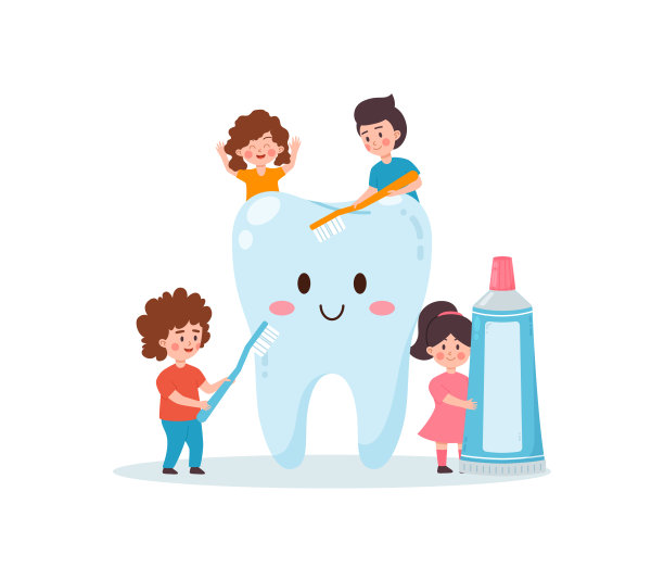 孩子们用巨大的卡通微笑牙齿扁平风格的人物图片下载