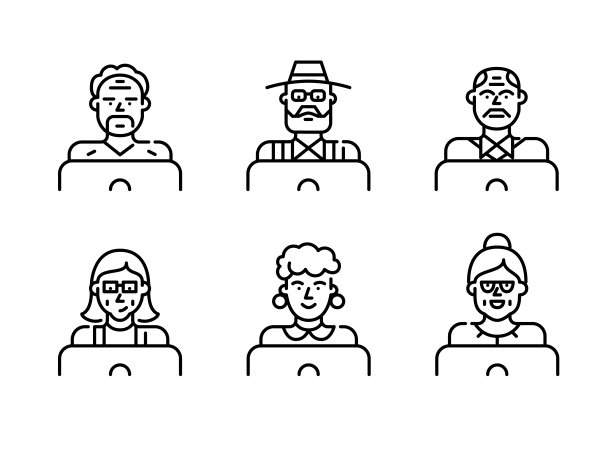 使用笔记本电脑的老年人。工作,聊天,学习。完美的像素，可编辑的笔画图标设置图片下载