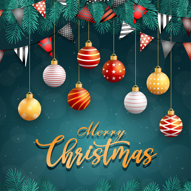 圣诞快乐图标与球在蓝色背景图片下载