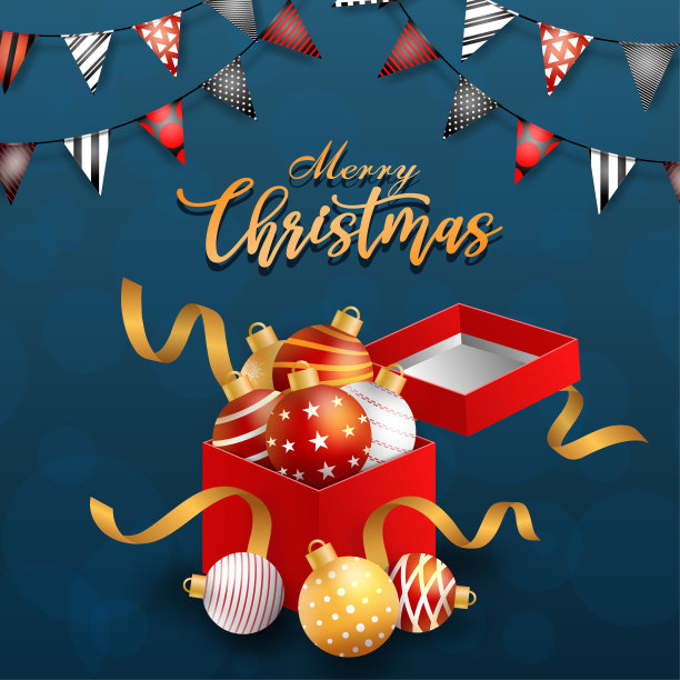 圣诞快乐图标与球在蓝色背景图片下载
