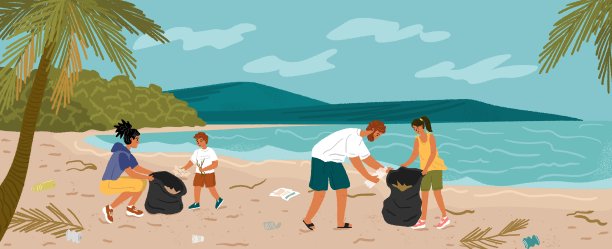 一家人在海滩上收集垃圾袋。人洁净环境概念矢量插图。义工清洁海岸图片下载