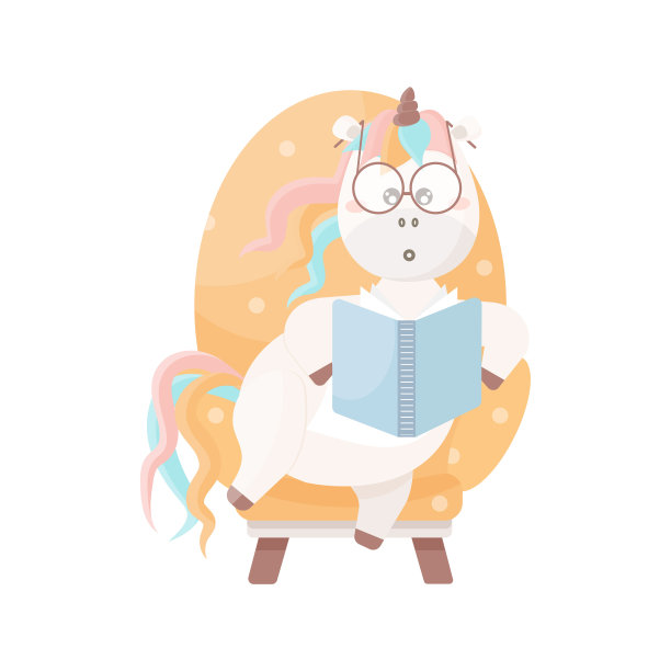 可爱的独角兽坐在扶手椅上看书。图片下载