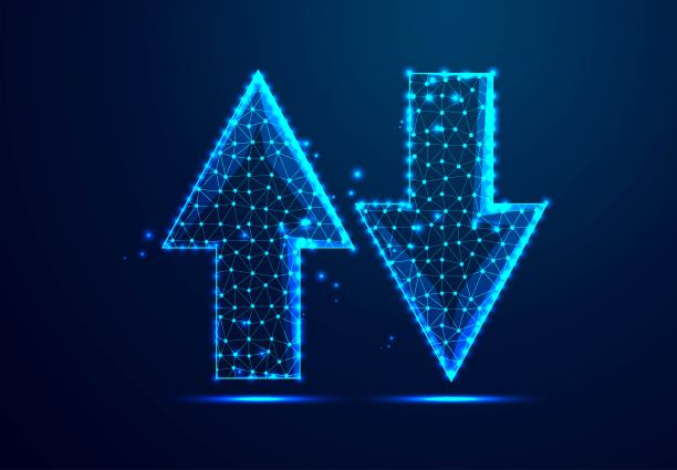 箭头向上和向下。上传、下载数据概念。增长和向下融资的符号。摘要低聚线框设计。为背景或着陆页。矢量图图片下载