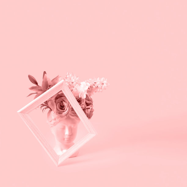 拼贴与石膏仿古雕塑的人脸在波普艺术风格。创意概念的古代雕像头部，头发制成的鲜花和框架。赛博朋克海报，柔和的粉色背景。图片下载