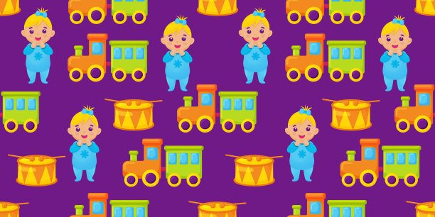 玩具可爱娃娃，火车和鼓无缝图案。矢量图图片下载