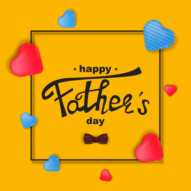 父亲节的方形模板，黄色背景上有心形和蝴蝶结。图片下载