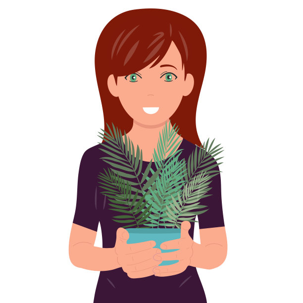 一个女孩的肖像，手里拿着一盆花。生态。图片下载