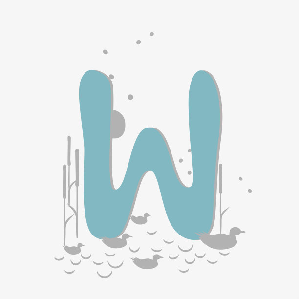 东方风格的极简主义图案，字母w的形式，鸟群，鸭子飞翔，芦苇生长在湖边。抽象的物体，点，点，阴影。矢量插图，为标志设计图片下载