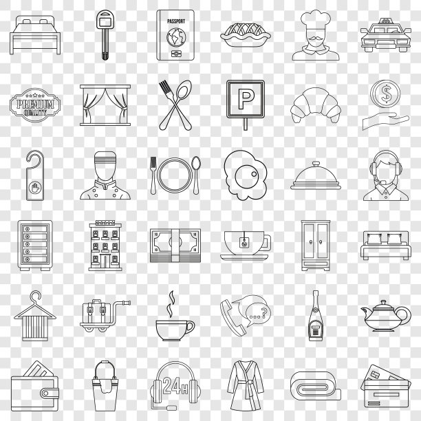 酒店服务图标设定轮廓风格图片下载