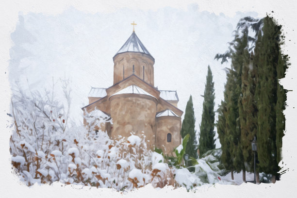 第比利斯Metekhi教堂的水彩插图。乔治亚州图片下载