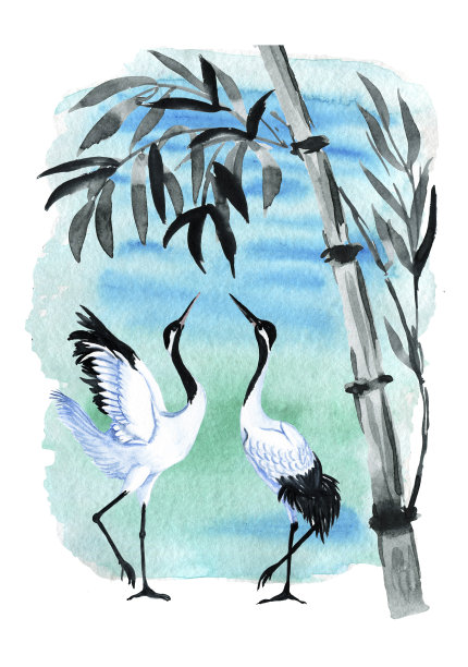 亚洲鸟类的水彩插图。中国传统山水画。在白色的背景上画上雾蒙蒙的森林树木。亚洲鸟类的水彩插图。图片下载