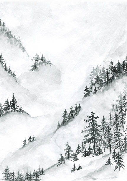 亚洲鸟类的水彩插图。中国传统山水画。在白色的背景上画上雾蒙蒙的森林树木。亚洲鸟类的水彩插图。图片下载