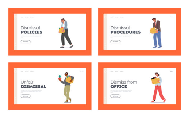 失业问题着陆页面模板。被解雇的员工。带着箱子从办公室走出来的悲伤的人图片下载