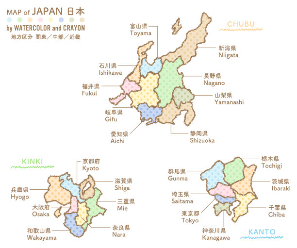 日本地图，以蜡笔和圆点为基础。关东大,中部,近畿图片下载