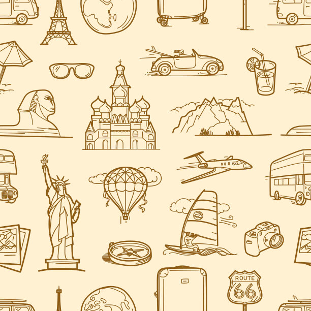 旅游目的地线性风格无缝图案图片下载