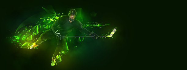 年轻男子，职业曲棍球运动员在防护服训练孤立在黑暗背景多边形，流体氖元素。体育的概念图片下载