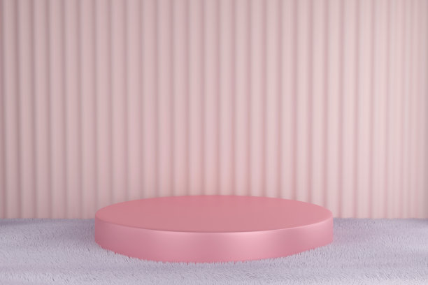 甜美的粉色圆柱体讲台上柔软的毛皮地毯地板与粉彩墙，舞台产品，3d渲染。图片下载
