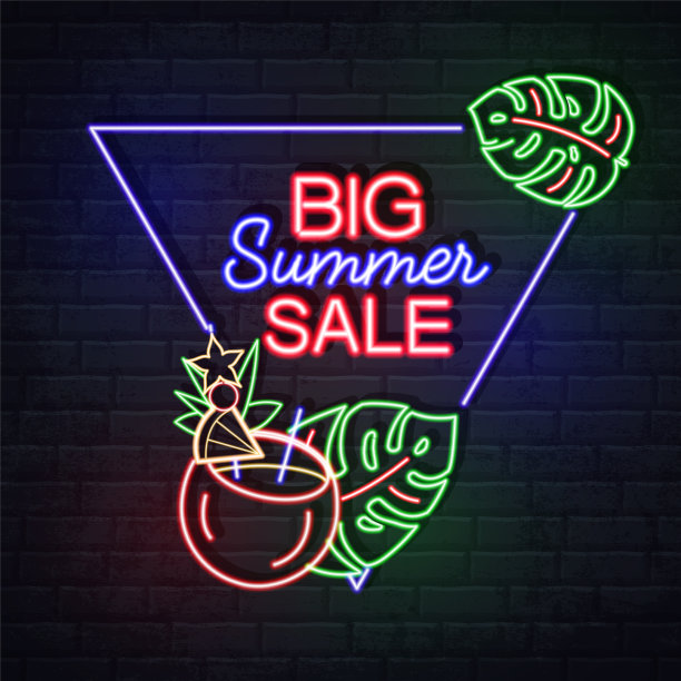 霓虹灯标志夏季大减价与热带树叶图片下载