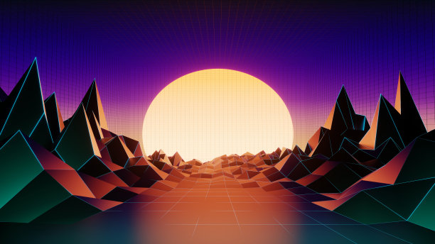 三维抽象，几何景观背景，多边形结构，元宇宙虚拟现实网络空间，产品展示平台，产品场所，彩色霓虹灯，复古科幻风格图片下载