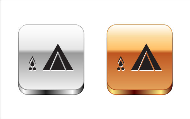 黑色旅游帐篷与木火图标孤立上图片下载