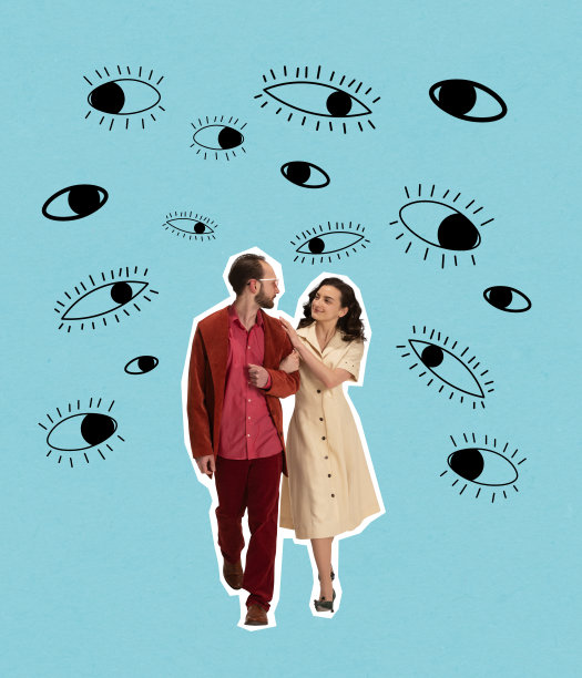 当代艺术拼贴。年轻的情侣走在许多眼睛下看起来孤立的蓝色背景。让流言蜚语图片下载