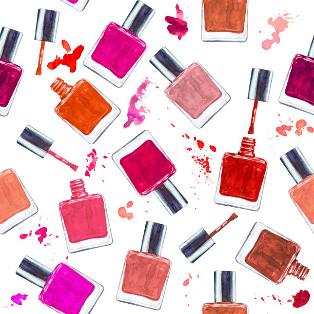 无缝水彩图案与彩色指甲油在白色背景。手绘化妆品背景。时尚魅力的模式。为你的设计做插图。图片下载
