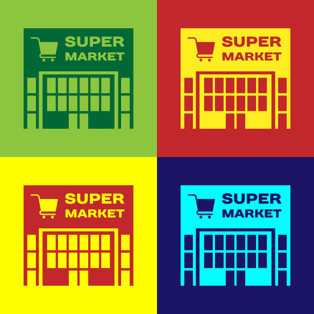彩色超市建筑与购物车图标图片下载