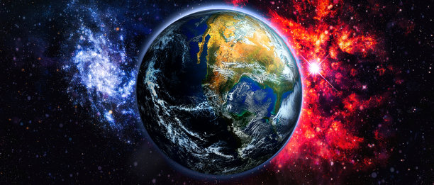 地球、太阳、恒星和星系的全景。从太空看，地球上的日出。图片元素由美国宇航局提供图片下载