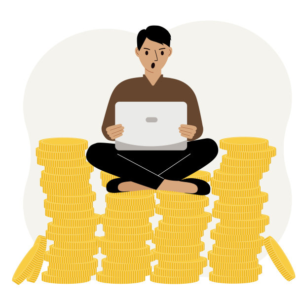一个男人坐在一堆金币上，用着一台笔记本电脑。一个人在一堆硬币里工作。图片下载