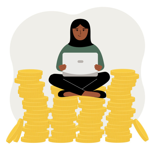 一位穆斯林妇女坐在一堆金币上，用着一台笔记本电脑。一名穆斯林妇女在一堆硬币中工作。图片下载