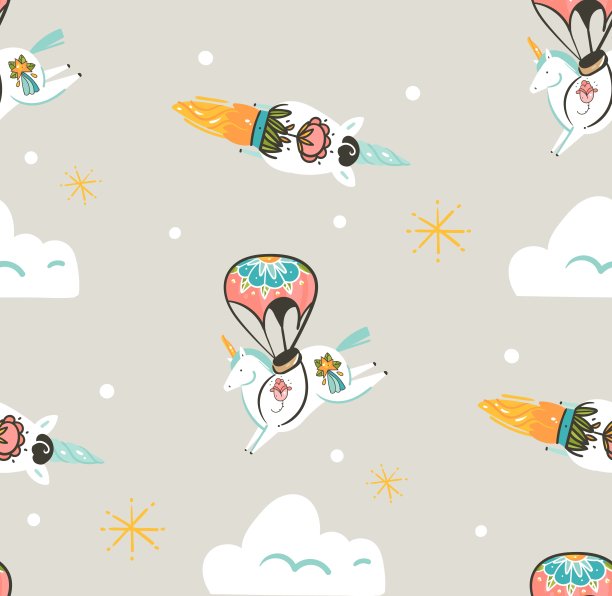 手绘矢量抽象图形创意艺术卡通插画无缝图案与宇航员独角兽与老学校纹身，星星，降落伞和宇宙飞船孤立在粉彩背景图片下载