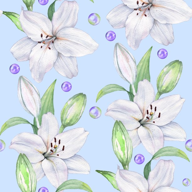 白百合9。水彩画。无缝模式。适合壁纸、包装纸和背景的装饰元素图片下载