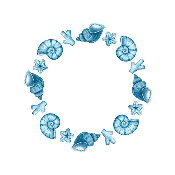 水彩蓝色框架的珊瑚，贝壳，藻类在白色的背景图片下载