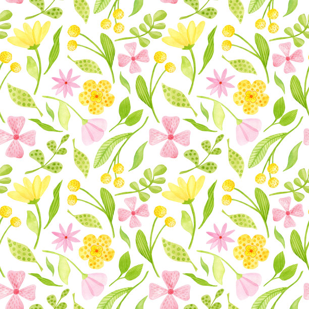 水彩花卉无缝图案。手绘春花背景孤立在白色。可爱的植物图案用于纺织，印刷。夏季草地重复设计。图片下载