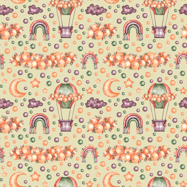 水彩图案为儿童与热气球，彩虹图片下载