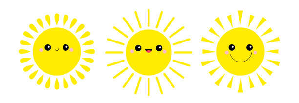太阳照耀图标集线。可爱的卡通滑稽微笑的人物。可爱的脸有着不同的情绪。你好,夏天。宝贝收藏。平面设计。白色背景。孤立。图片下载