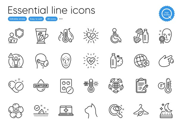 健身水，天然亚麻和宠物护理线图标。用于网站、打印和应用。向量图片下载