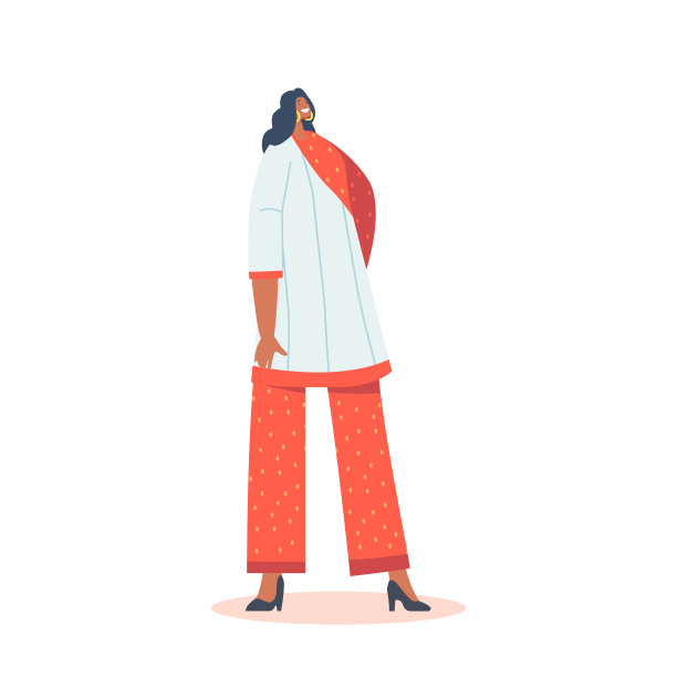 印度女人穿红色西装与长裤和长衬衫与围巾，女性的传统服装图片下载