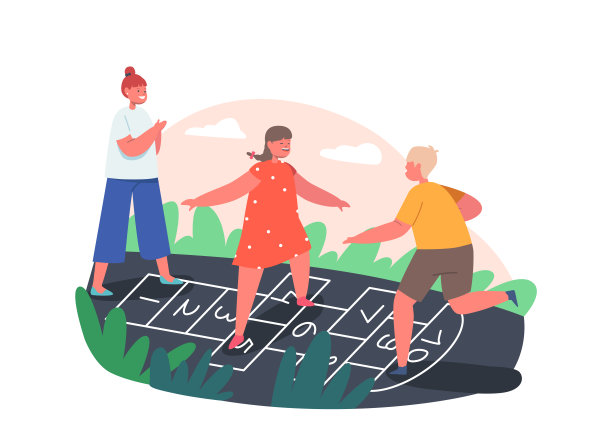 朋友们一起在操场上消磨时间。男孩和女孩的角色在房子的院子里玩跳房子游戏图片下载