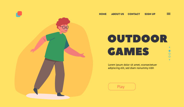 户外游戏登陆页面模板。快乐的男孩戴眼镜，绿色t恤和棕色裤子。孩子性格微笑图片下载