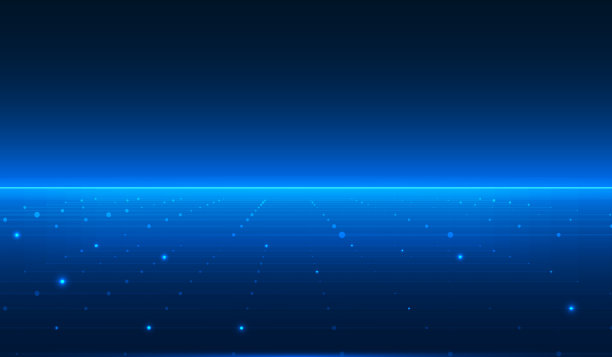 抽象的未来背景网格点，线透视地板与蓝色水平对齐数字数据网络传输概念矢量插图。图片下载
