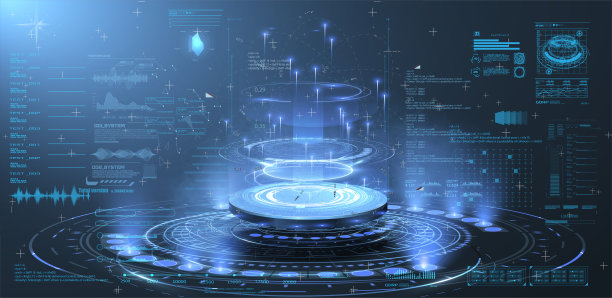 带有3D圆圈和HUD元素界面的未来实验室。空白全息图显示您的产品。股票向量图片下载