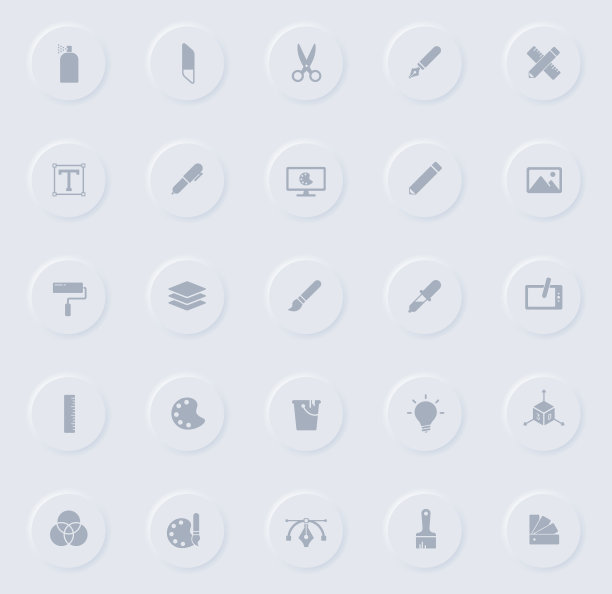 艺术和设计灰色字形图标圆形橡胶按钮。为网页，移动应用，UI设计和推广业务绘制图像和图标图片下载