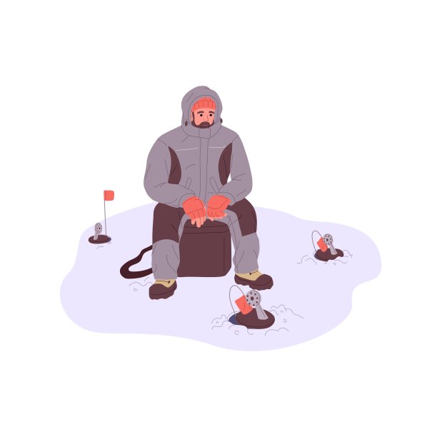 渔夫在冬天的冰钓。渔夫坐着，用设备从冰封的湖面上的洞里抓鱼。人在霜冻，寒冷的季节。平面矢量插图孤立在白色背景图片下载