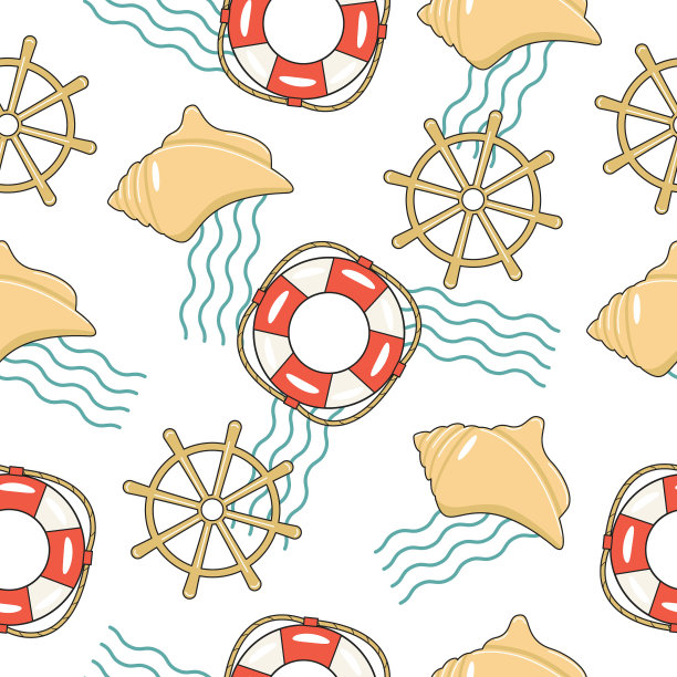 海洋主题的无缝图案。救生圈、贝壳、轮。矢量插图印刷纺织品，壁纸互联网图片下载